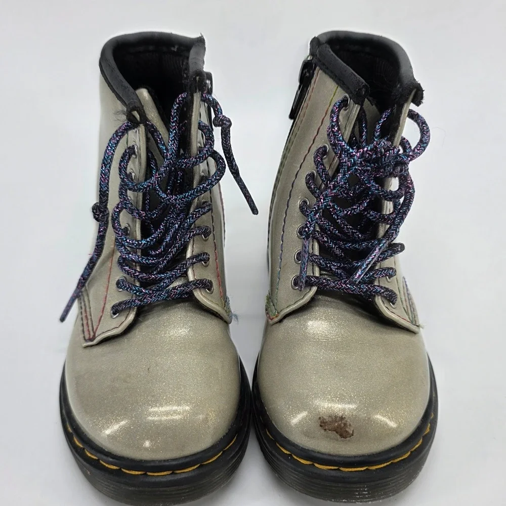 Dr Martens Sparkle Rays Boot Toddler 7 Silver Glitter Rainbow Stitch Combat 1460